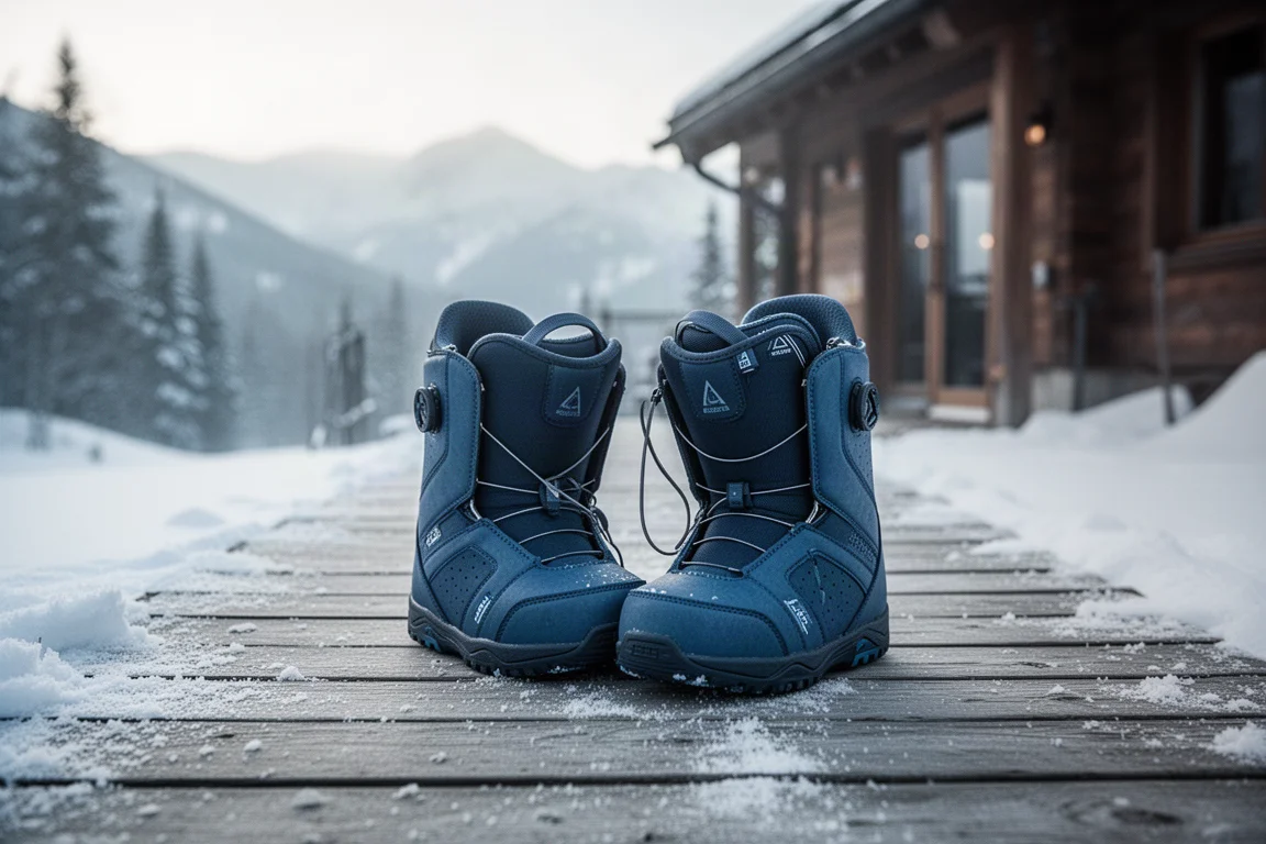 滑雪者在雪山山脚调整雪靴鞋带