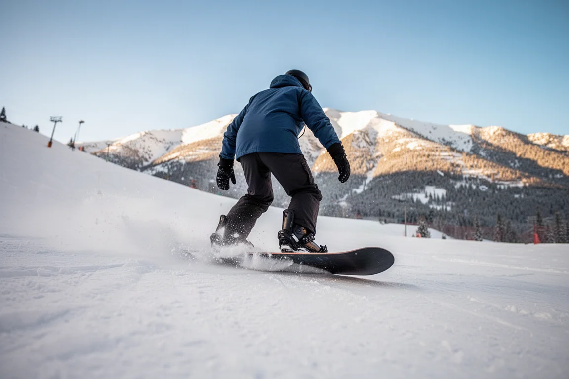Snowboarder che fa buttering sulla punta della tavola su una pista battuta morbida