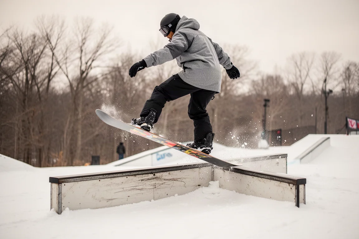Snowboarder che scivola su una rotaia in un terrain park