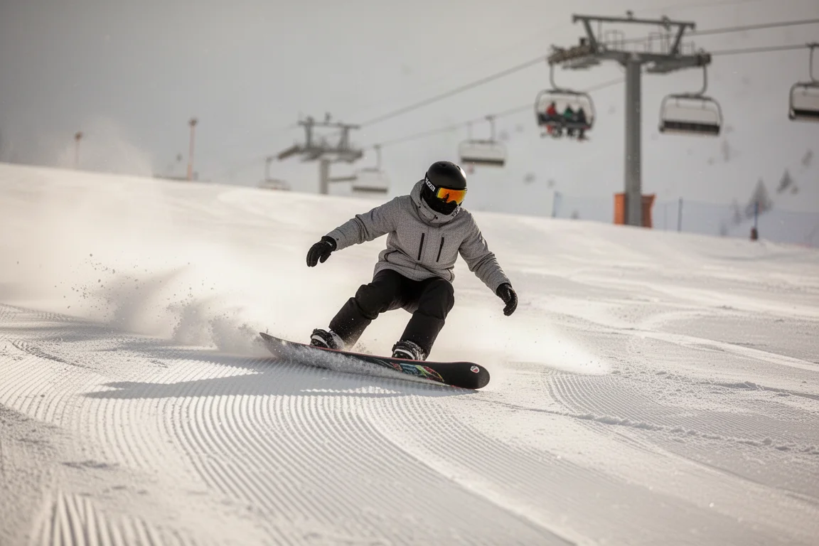 Snowboarder che svolta dolcemente su una larga pista battuta