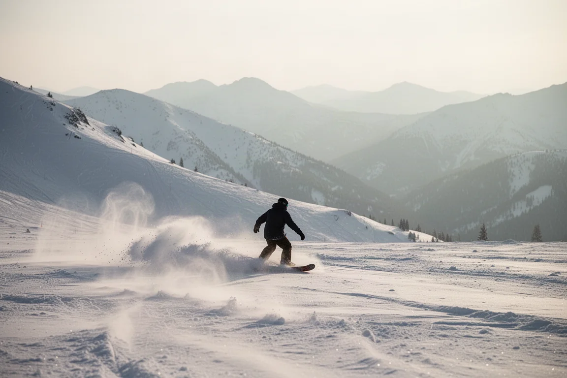 Snowboarder zieht eine frisch verschneite Open Face bei weichem Morgenlicht eine Kurve