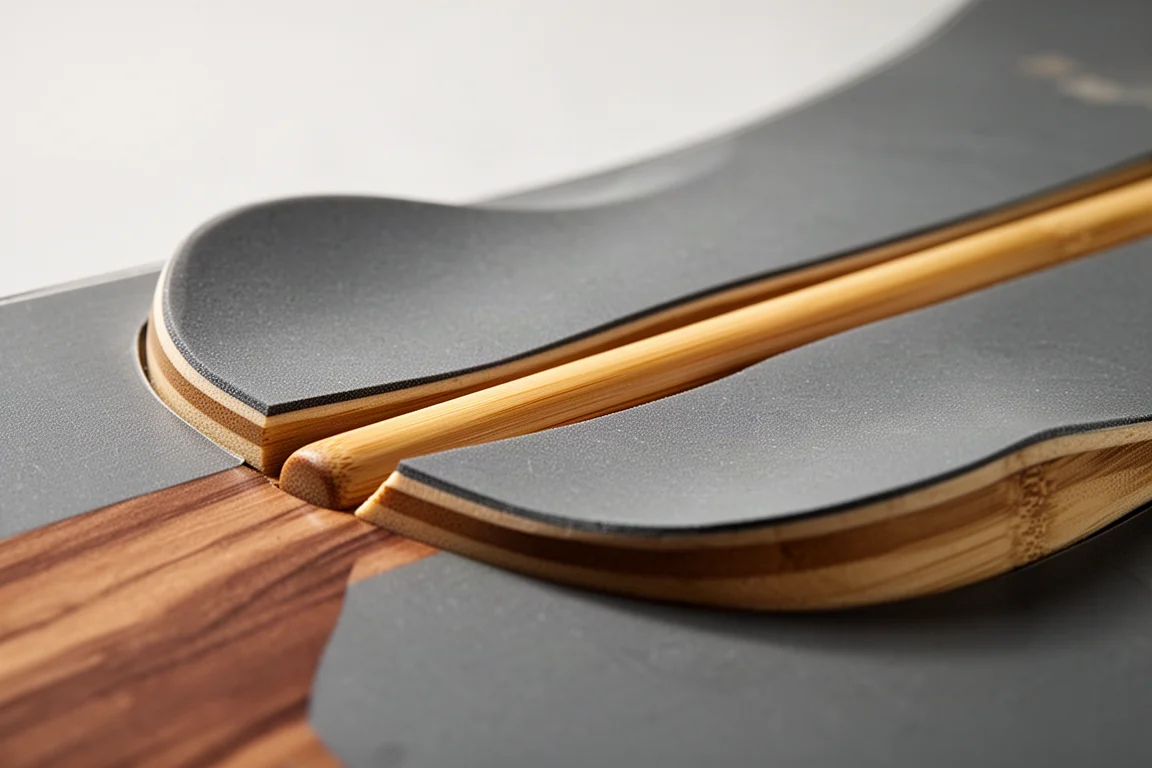 Nahaufnahme einer Bambus-Latte im Nose-Bereich eines Snowboards