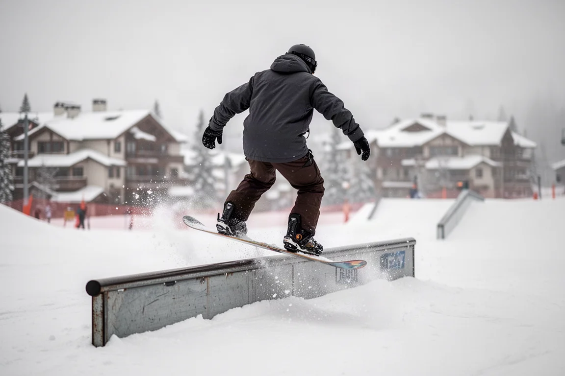 Snowboarder macht Butters und Presses auf einer Rail im Terrainpark