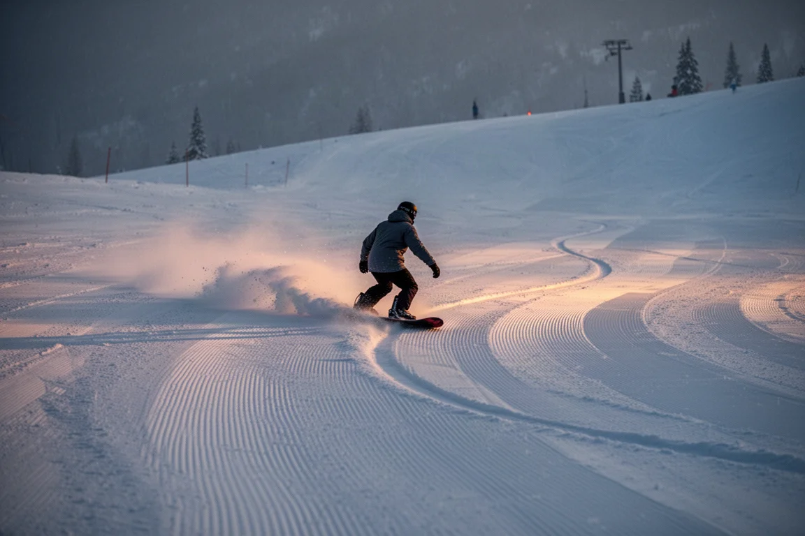 Snowboarder zieht entspannte, kreative Schwünge durch weichen Präpeschnee