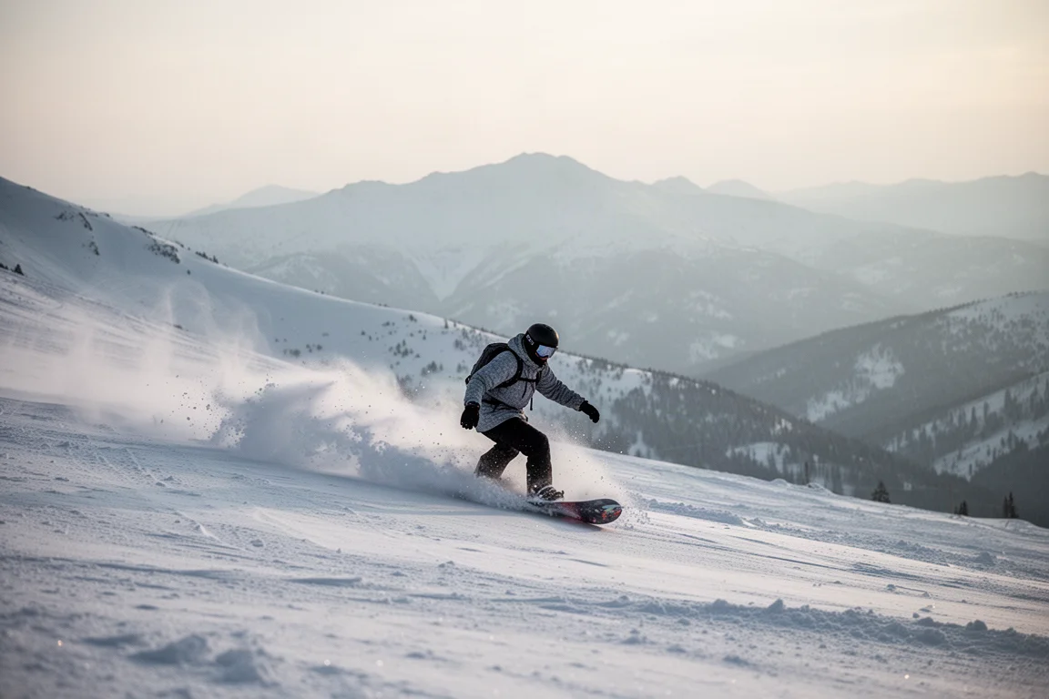 Snowboarder fährt durch Pulverschnee an einer offenen Bergflanke