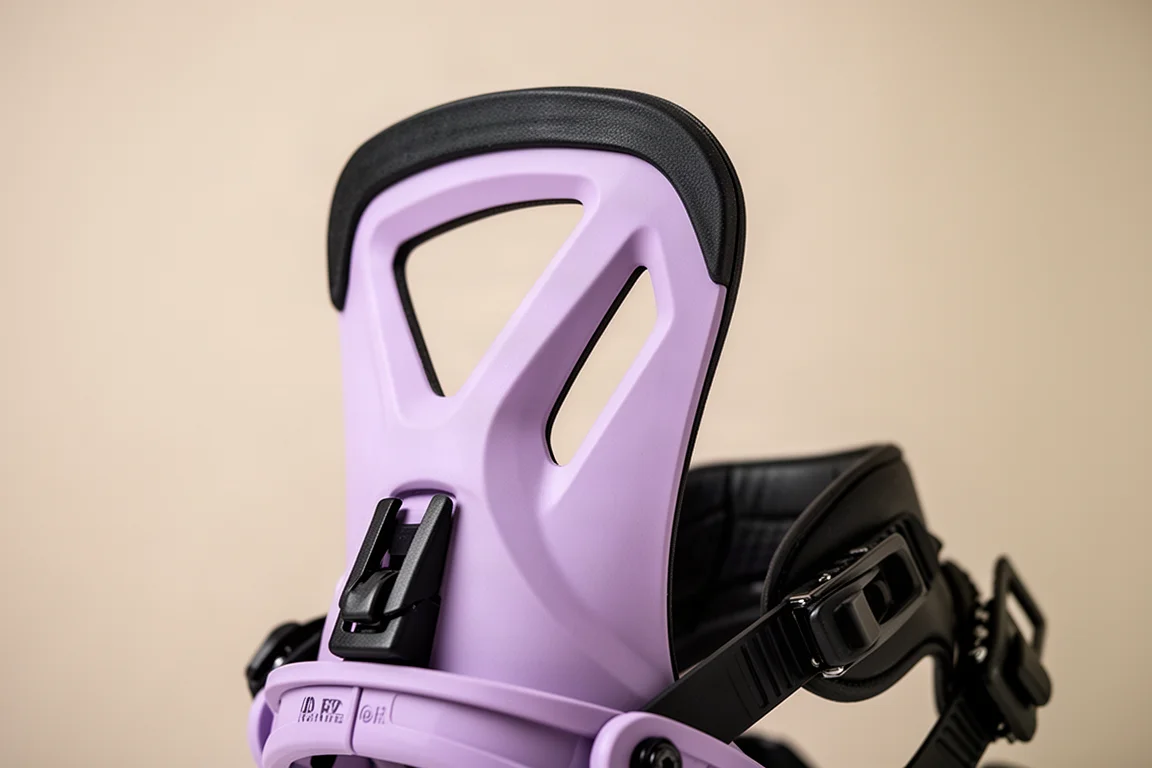 Nahaufnahme eines asymmetrischen Highbacks einer Snowboard-Bindung vor neutralem Hintergrund