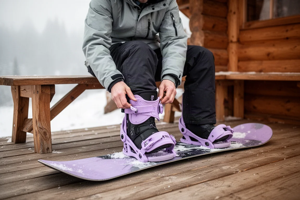 Snowboarder stellt die Bindungsstraps auf einer Hüttenbank ein