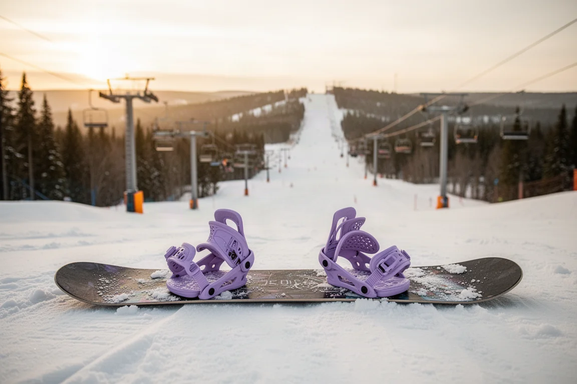 Snowboard oben an einer Piste geparkt, mit Blick auf die Bindungen