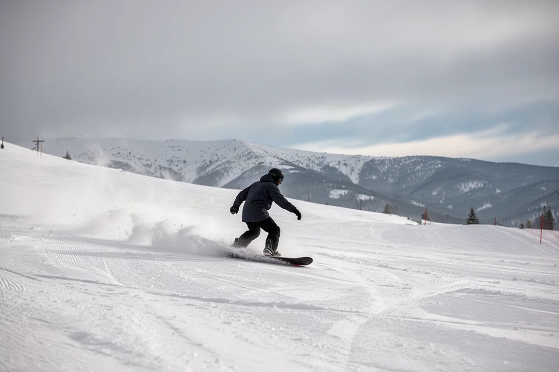單板滑雪者在灰藍色初季天空下的硬實壓雪道上刻滑