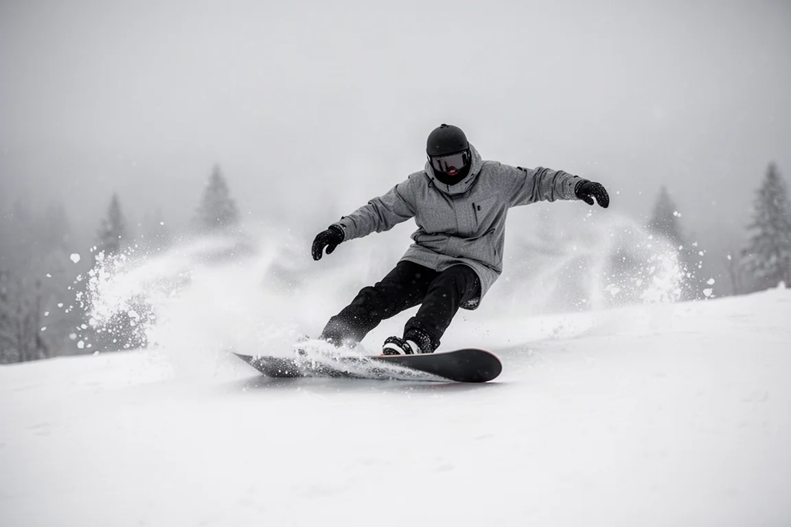 單板滑雪者在軟雪坡上用力轉彎揚起雪粉