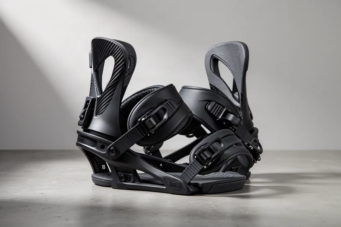 Matte black snowboard bindings with carbon highbacks and unpadded straps on a concrete surface