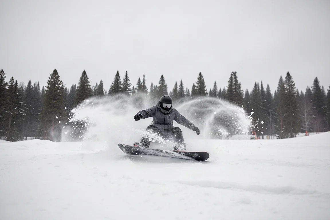 Snowboarder zieht bei bedecktem Himmel durch weichen Frühjahrsschnee