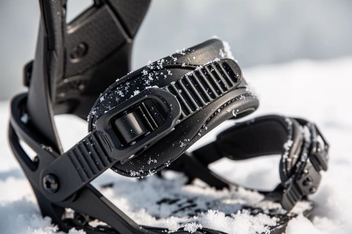 Nahaufnahme eines Ratschenverschlusses und Leiterstraps einer Snowboard-Binding