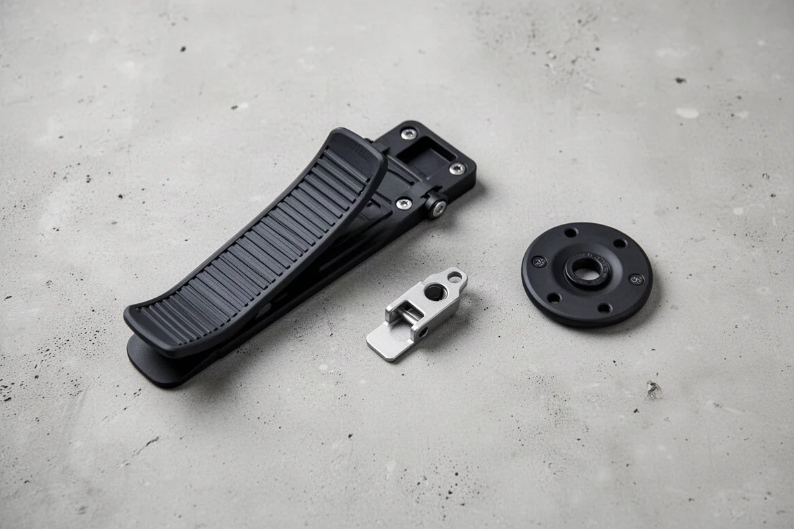 Draufsicht auf Snowboard-Binding-Hardware, flach auf einer Betonfläche arrangiert