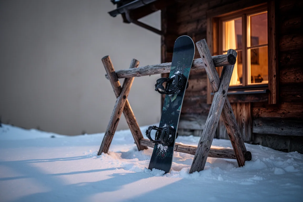 Snowboard mit Bindings lehnt in der Abenddämmerung an einem Holzregal vor einer Hütte