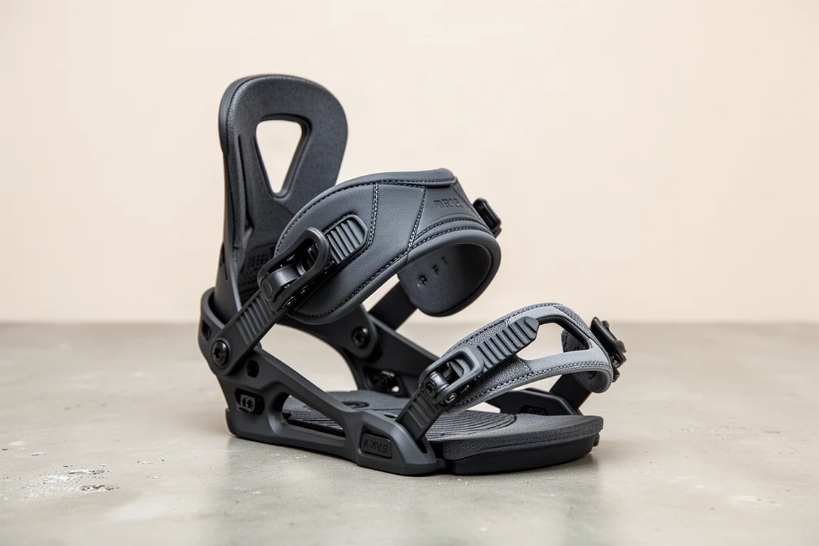 Matte black snowboard binding with a wide toe strap on a brushed concrete surface