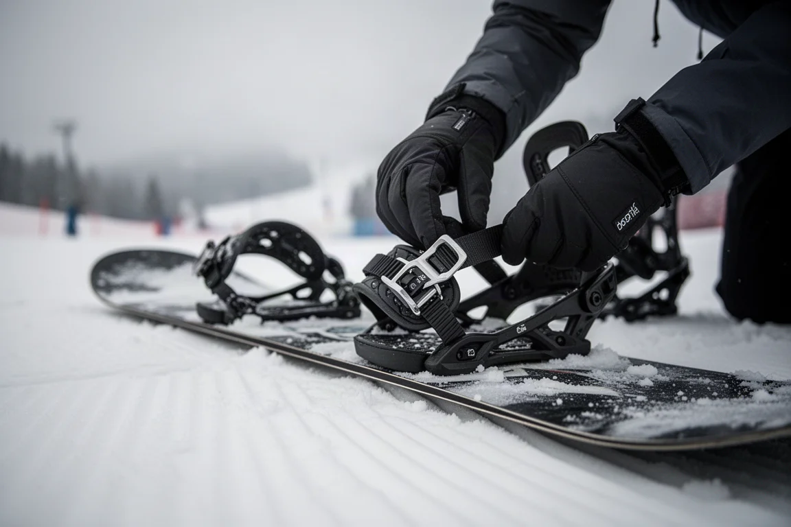 Snowboarder ajustando las correas de la fijación sobre una tabla en nieve compactada
