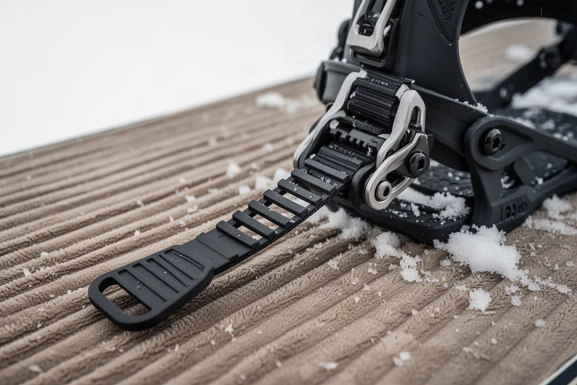 Primer plano de un trinquete de fijación de snowboard y su lengüeta sobre la nieve