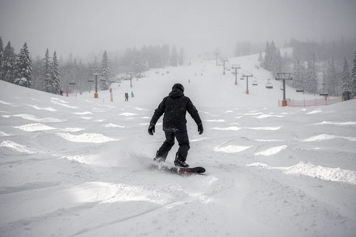 Snowboarder descendiendo por un terreno mixto de nieve irregular