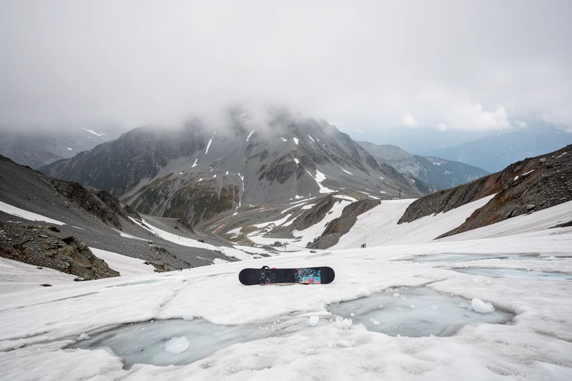 Snowboard liegt auf festem Schnee zu Beginn der Saison in einem hochalpinen Skigebiet unter bewölktem Himmel