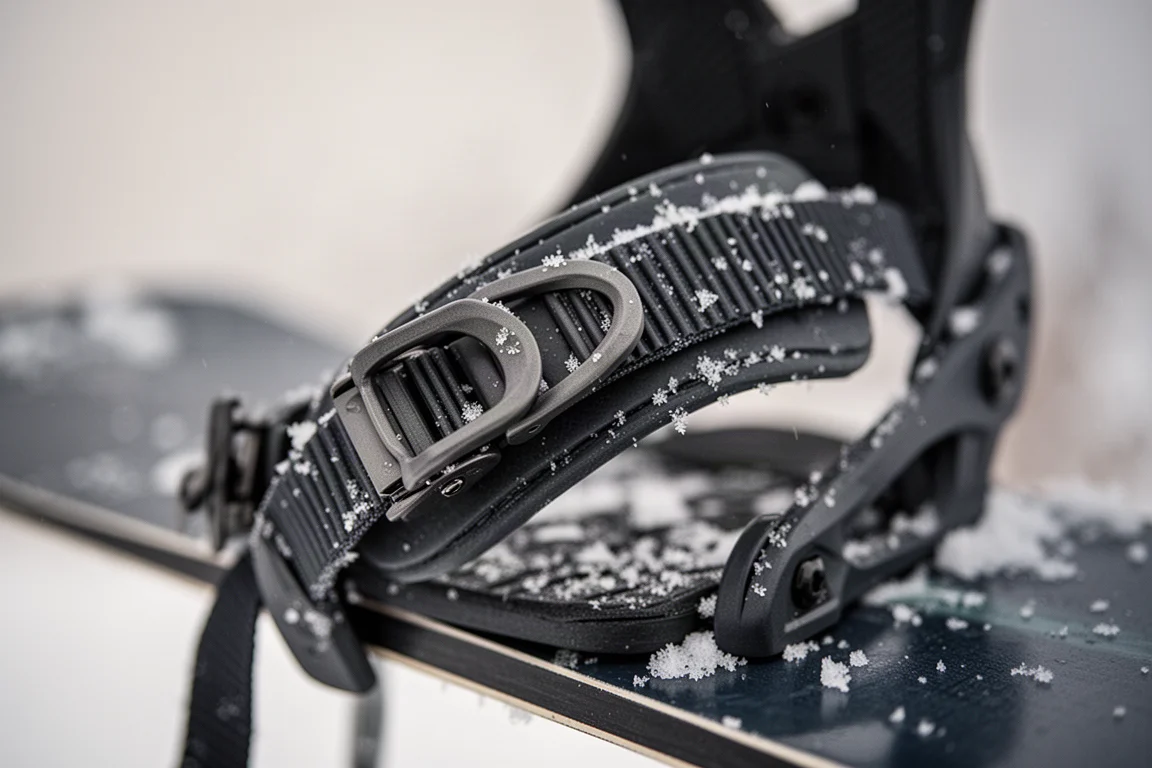 Nahaufnahme eines Ratchet-Hebels einer Snowboard-Binding mit Leiterstrap und Schneeflocken