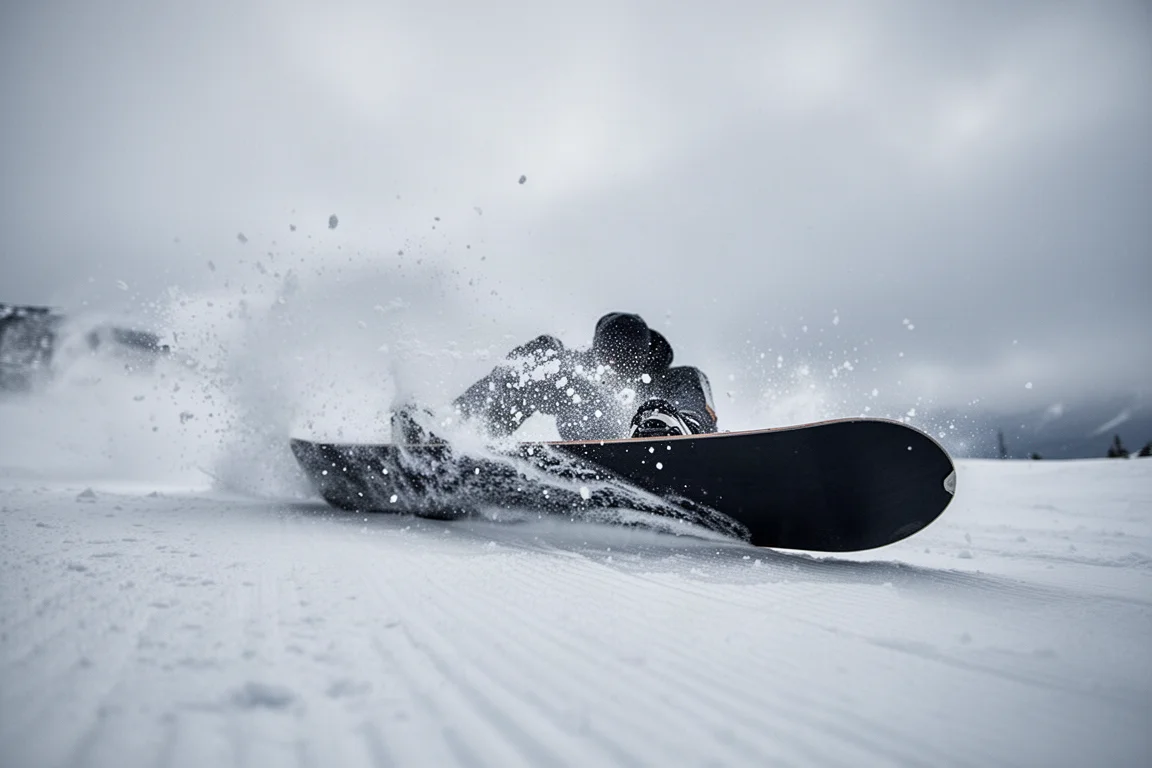 Snowboardkante schneidet in festen Schnee und wirft eine Fontäne aus Eiskristallen auf