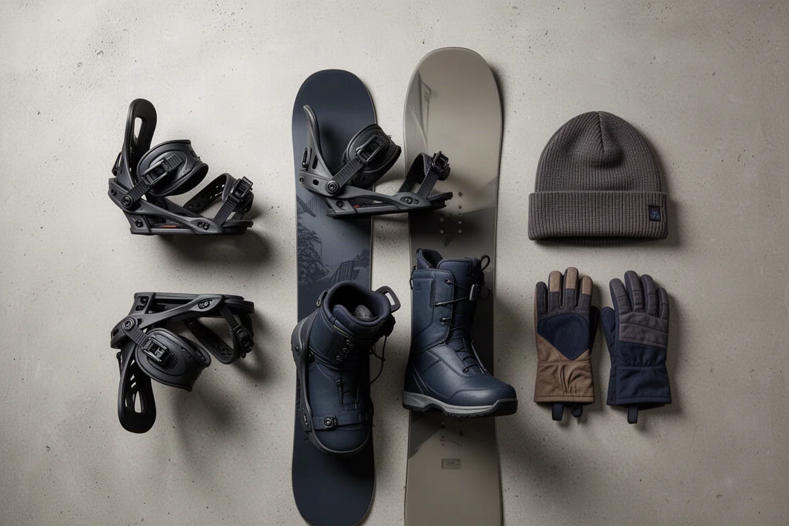 Draufsicht auf auf einer Betonfläche arrangiertes Snowboard-Equipment