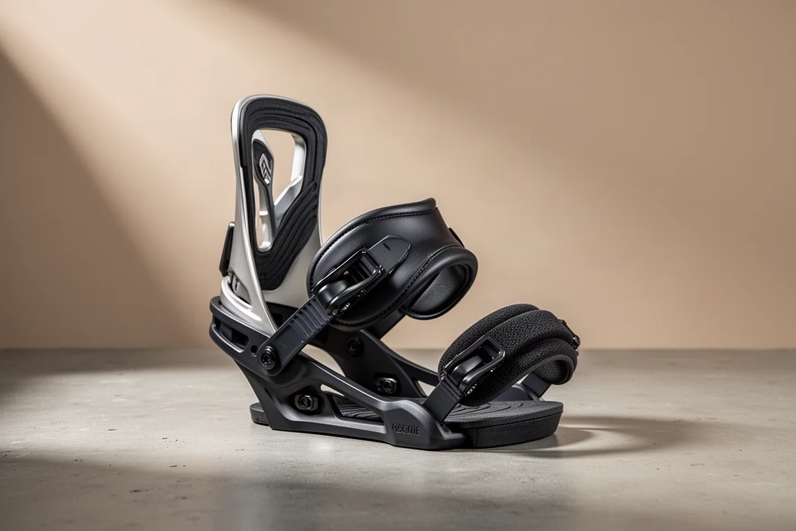 Rome DOD snowboard binding photographed at an angle on a matte concrete surface