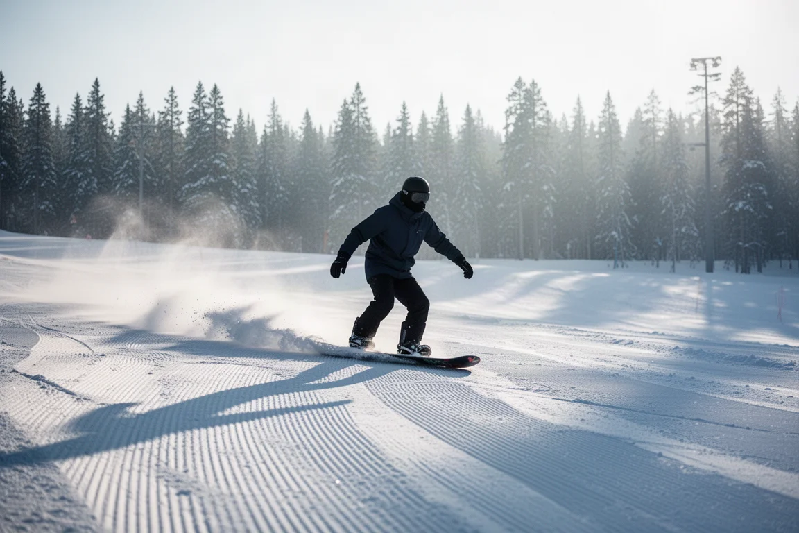 Snowboarder carving across a groomed slope in low midwinter sun
