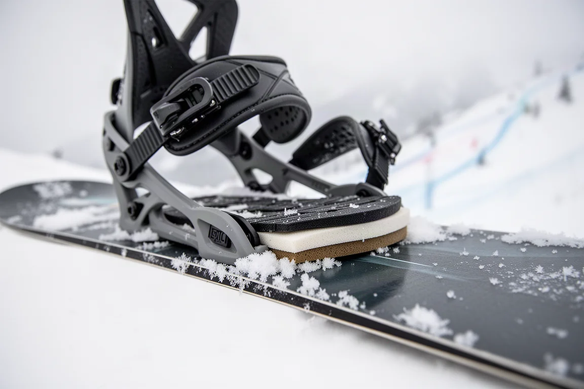 Close-up of a snowboard binding baseplate meeting the board topsheet