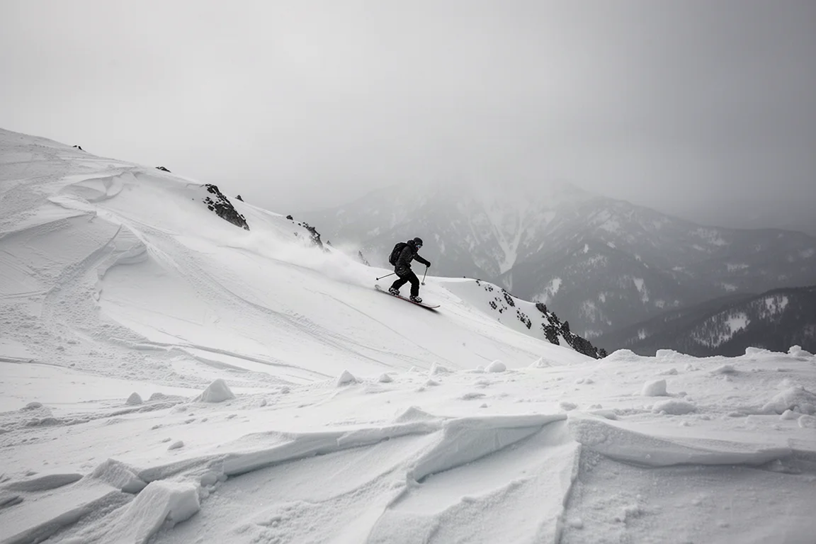 Snowboarder traversing wind-scoured hardpack snow on a high ridge