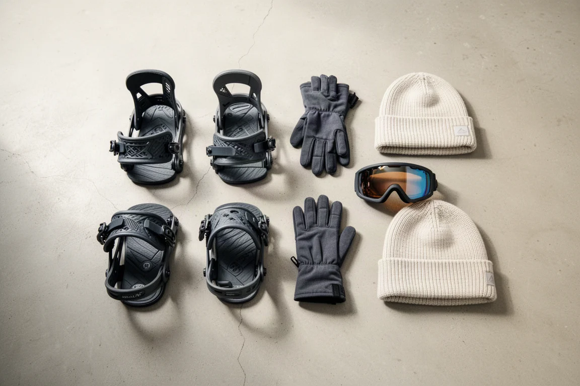 Overhead flat-lay of snowboard bindings, gloves, goggles and a beanie on concrete