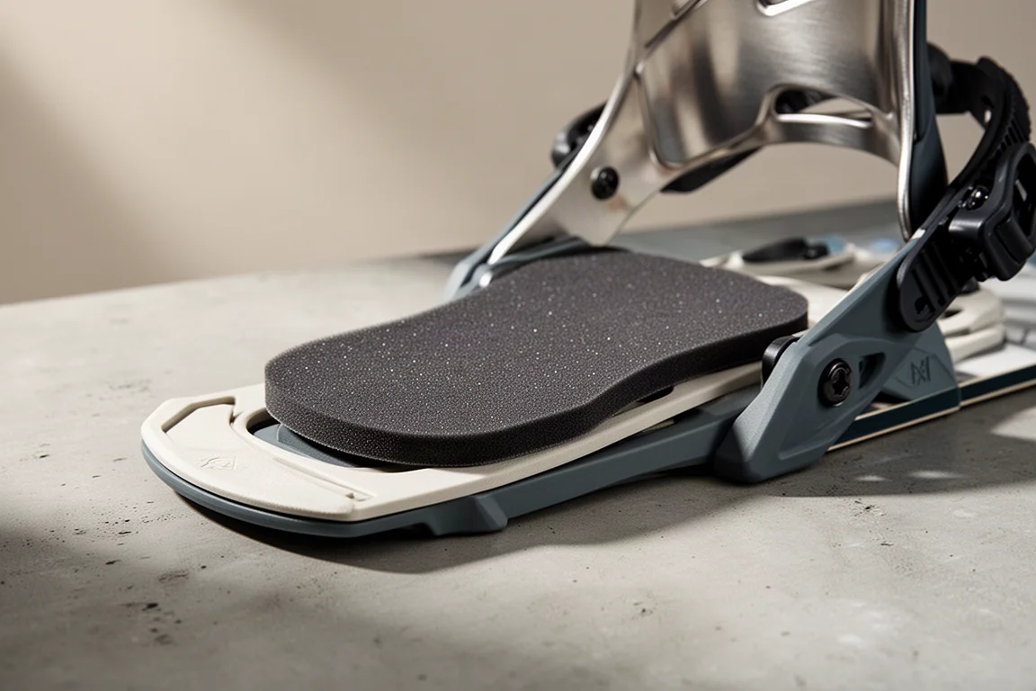 Snowboard binding baseplate on concrete showing a thin dark damping pad between chassis and plate