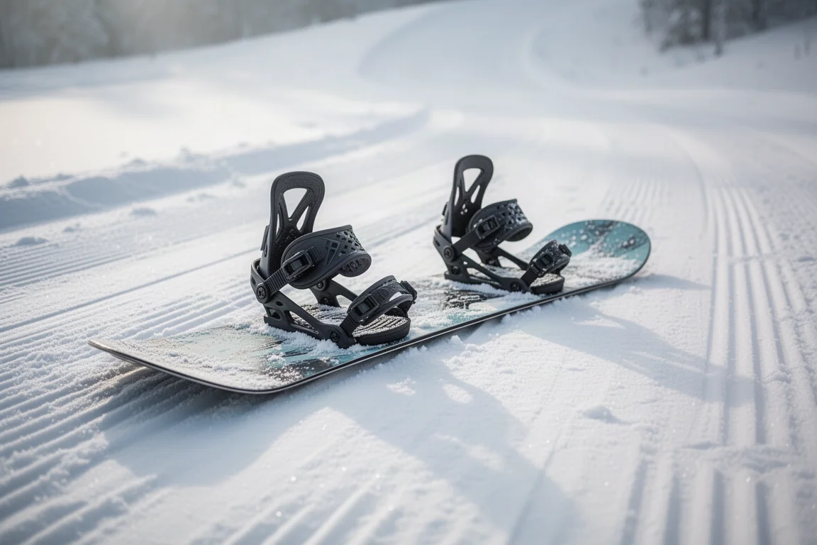 Snowboard mit Bindungen auf festem Schnee im sanften Morgenlicht