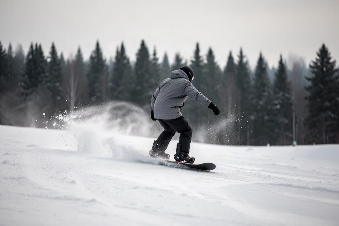 Snowboarder carvt über eine präparierte Piste, Schneegischt im kalten Tageslicht