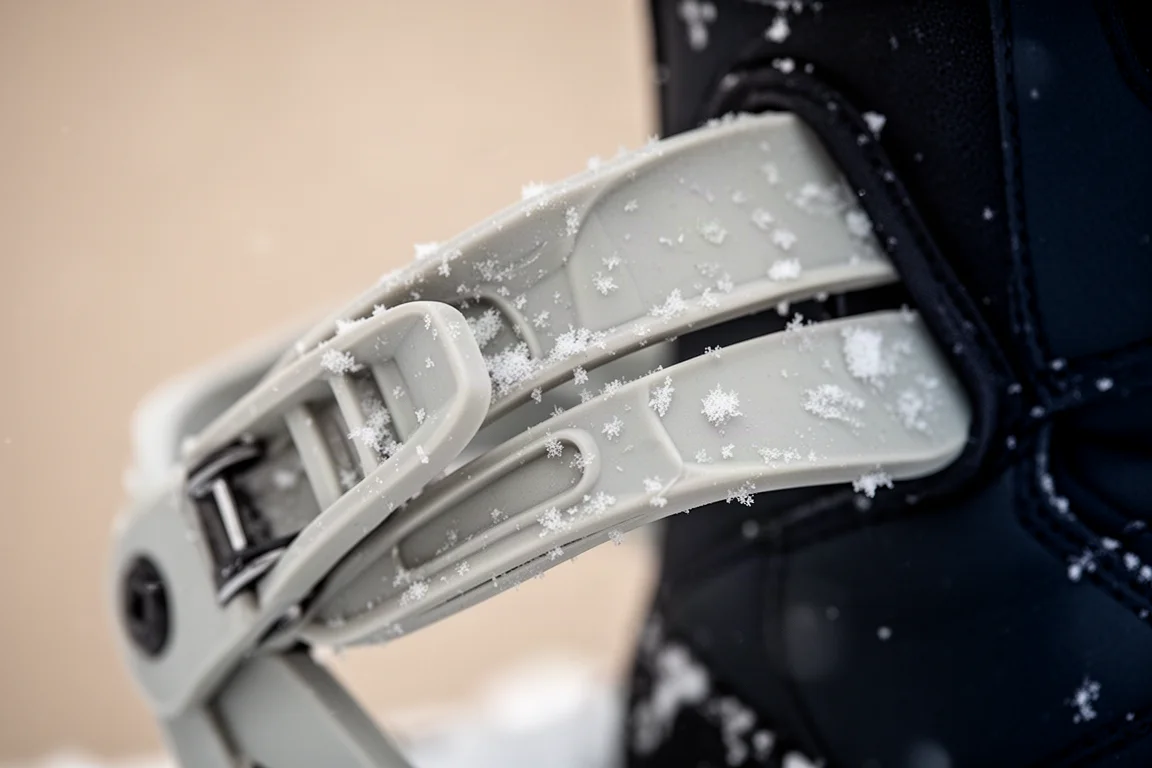 Nahaufnahme eines Snowboard-Boots, das in einen Bindungs-Strap gedrückt wird, sichtbare Biegung