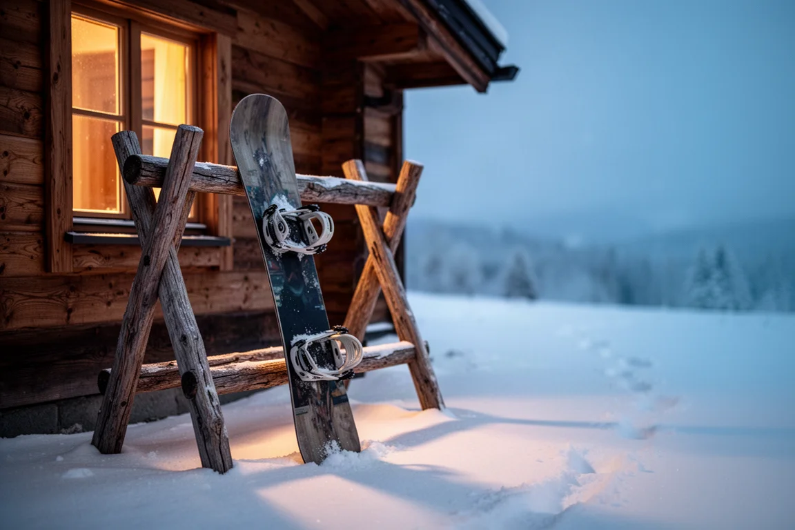 Snowboard und Bindungen lehnen in der Dämmerung an einem Holzregal vor einer Lodge