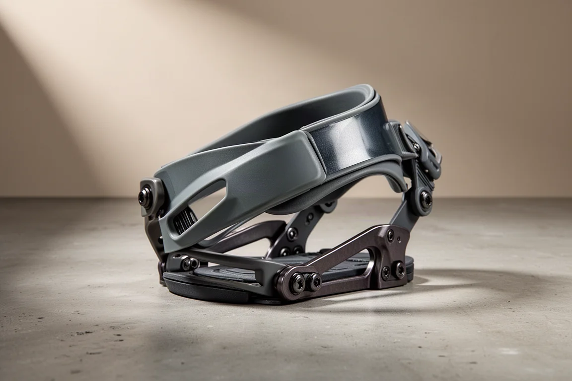 Two-piece snowboard binding strap with soft and hard plastic sections on concrete