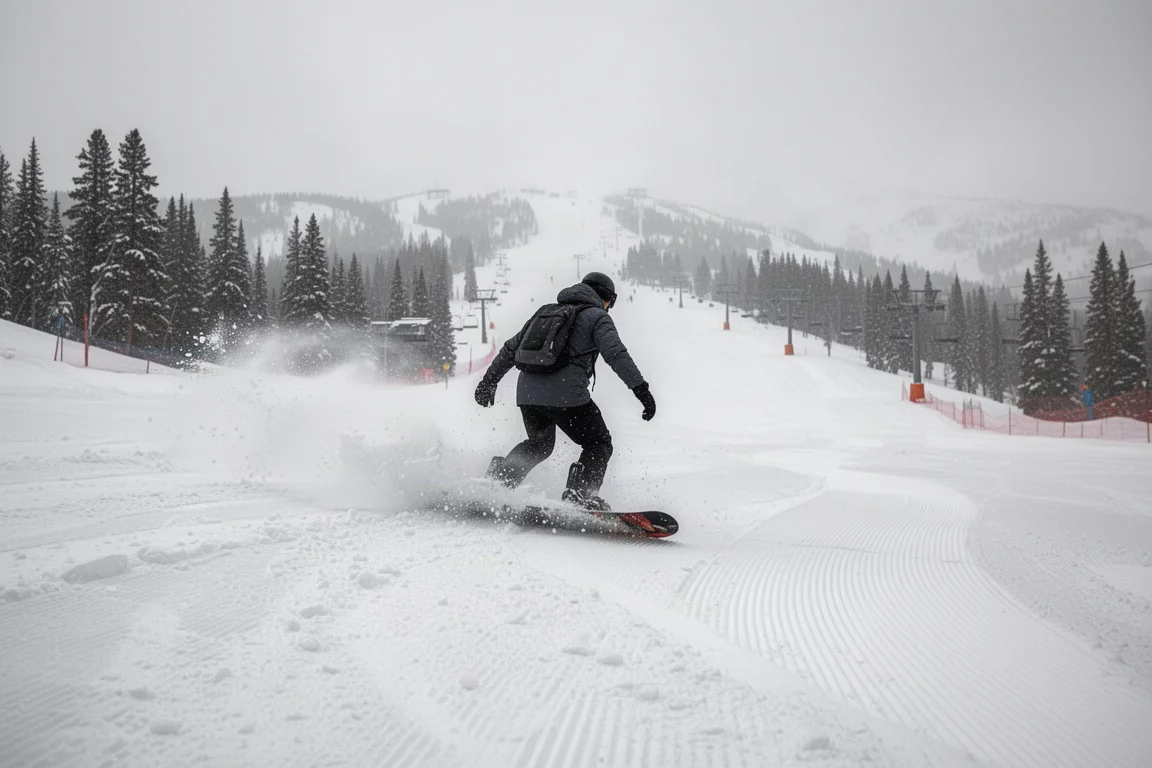 Snowboardzista jadący przez zmienny, porozbijany śnieg w górskim kurorcie