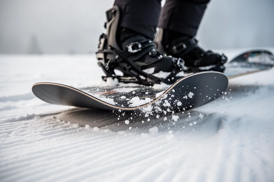 Zbliżenie na ogon snowboardu uginający się pod naciskiem podczas buttera