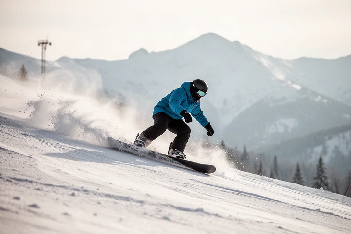 Snowboardzista układający deskę w twardym carvie na przygotowanym stoku