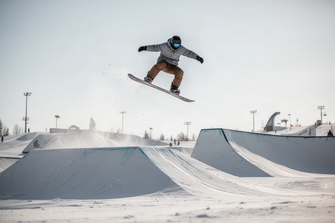 Snowboardzista wybijający się ze skoczni w błękitne niebo