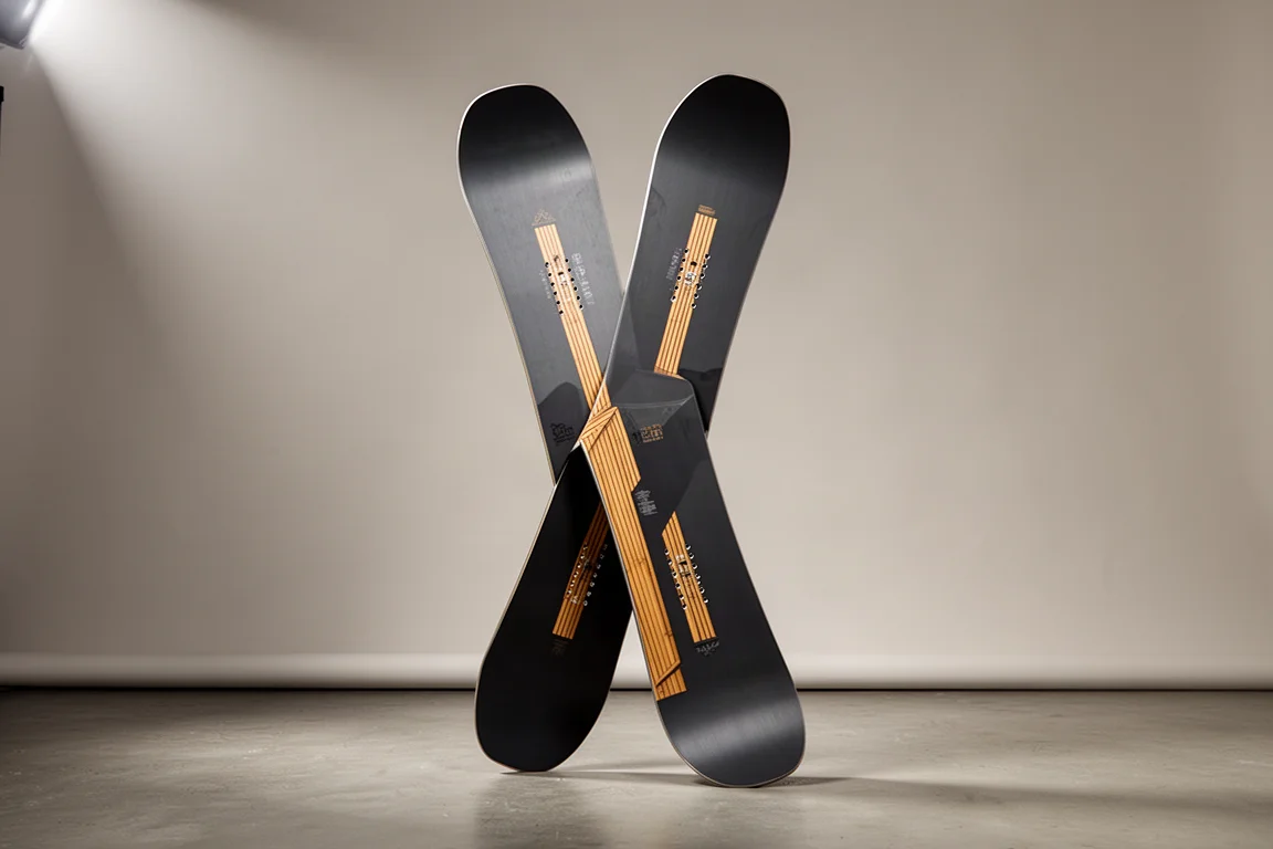 Snowboard Rome Freaker stojący pionowo na szarym tle studyjnym
