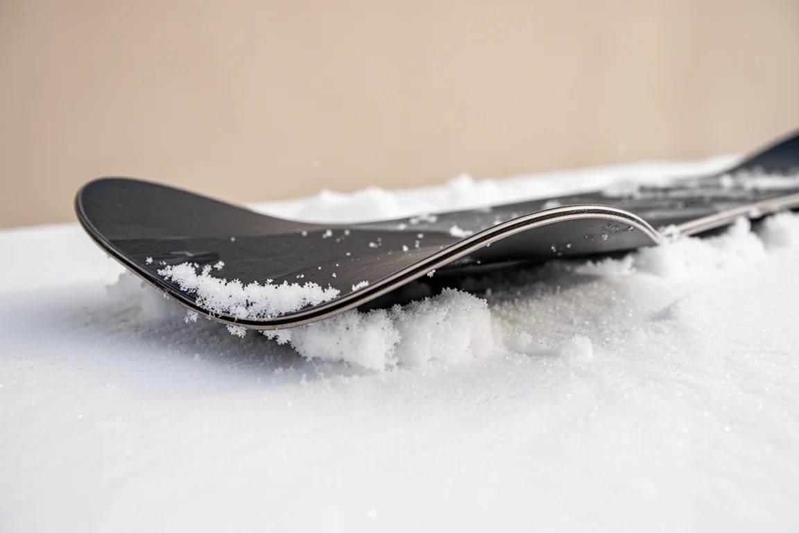 Nahaufnahme eines Snowboards, das sich auf Schnee verbiegt und sein Camber-Profil zeigt