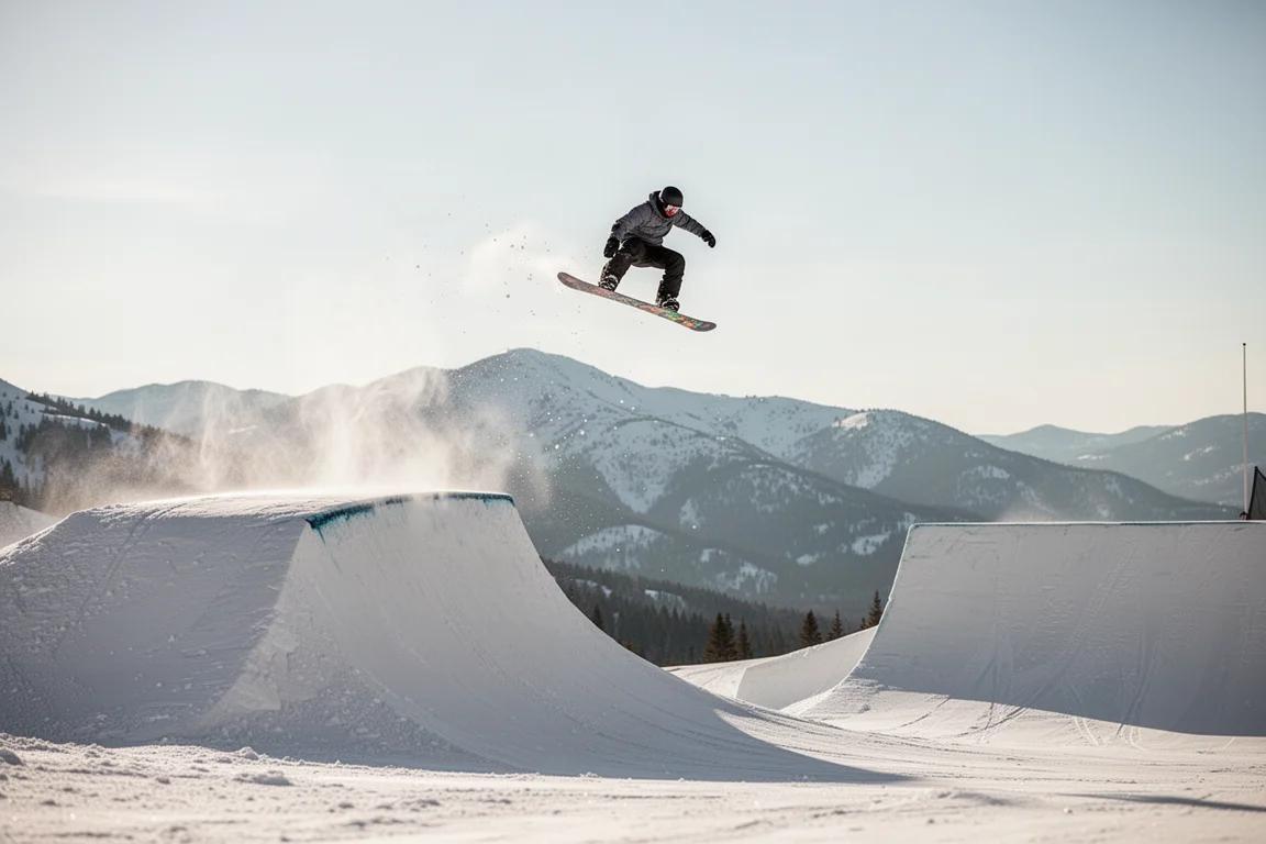 Snowboarder springt bei klarem Himmel von einem Schnee-Park-Kicker ab