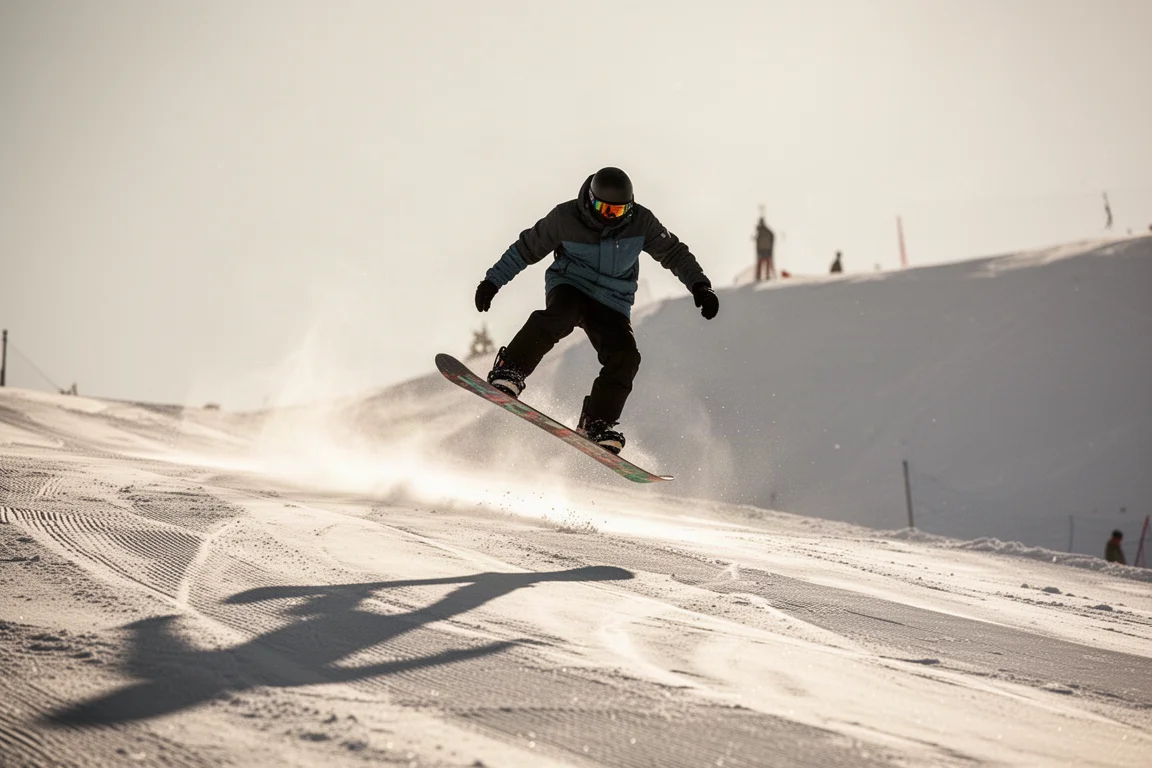Snowboarder macht bei der Fahrt über den präparierten Hang einen Tail-Butter mit angehobener Nose