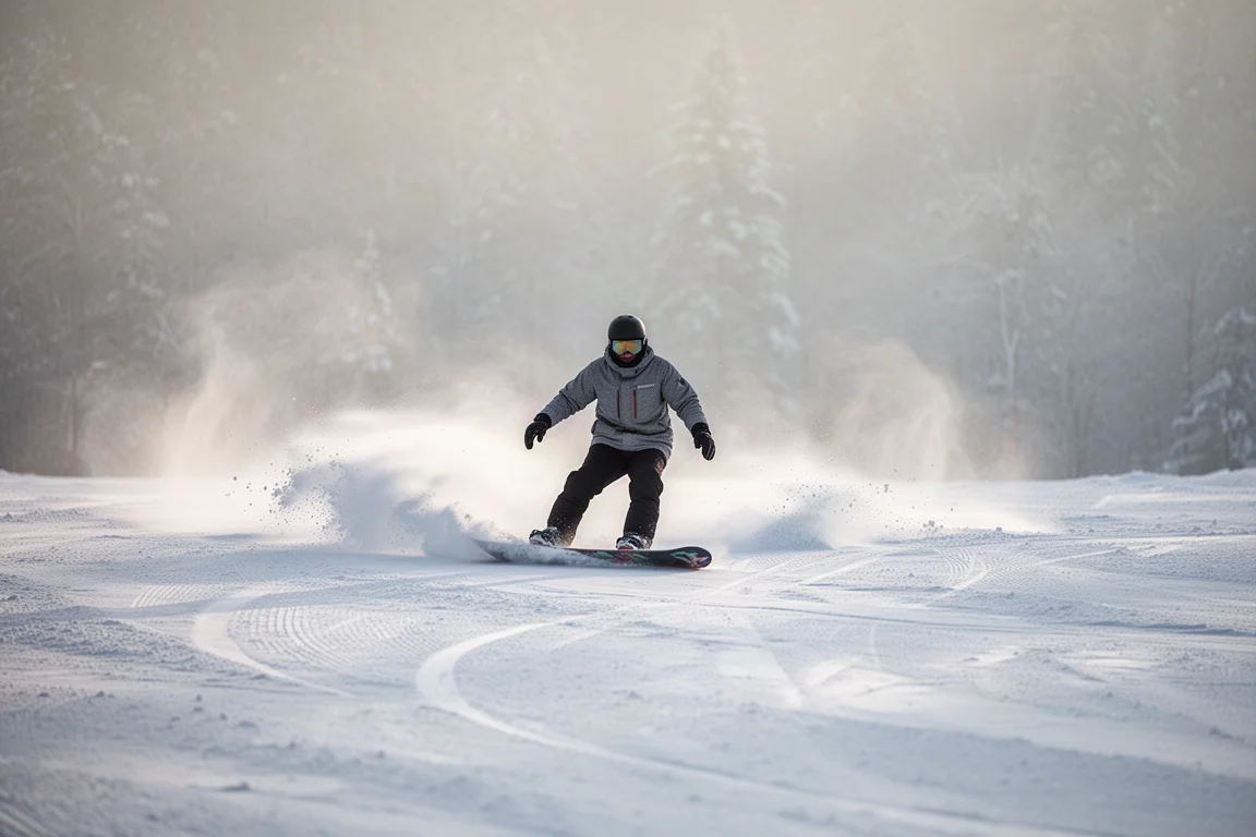 Snowboardeur traçant une large courbe sur une pente de montagne dégagée dans une lumière douce