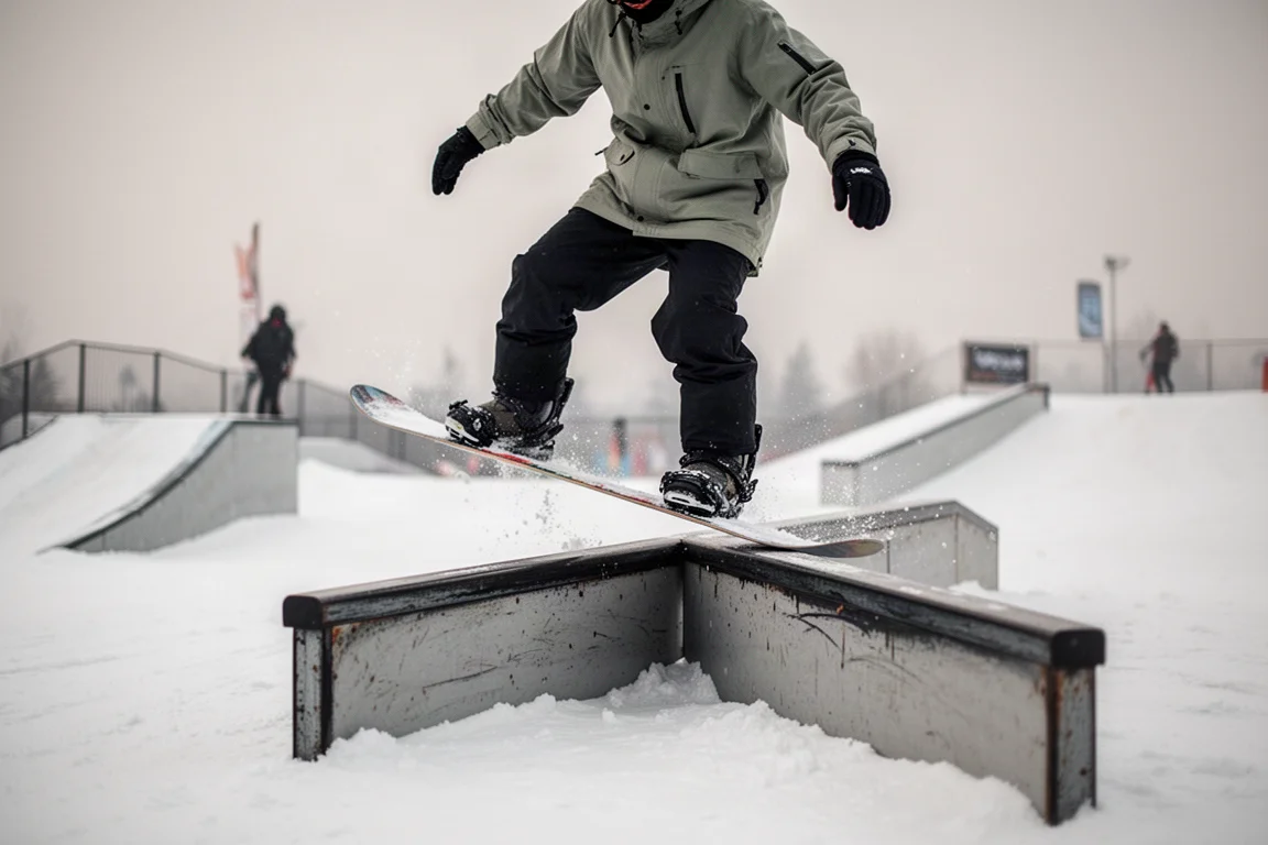 Gros plan sur le profil d'une planche de snowboard montrant le cambre entre les points de contact