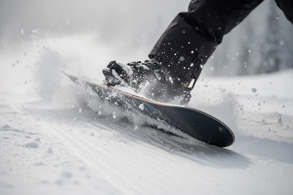 Snowboardeur appuyant sur le tail de sa planche sur une pente damée