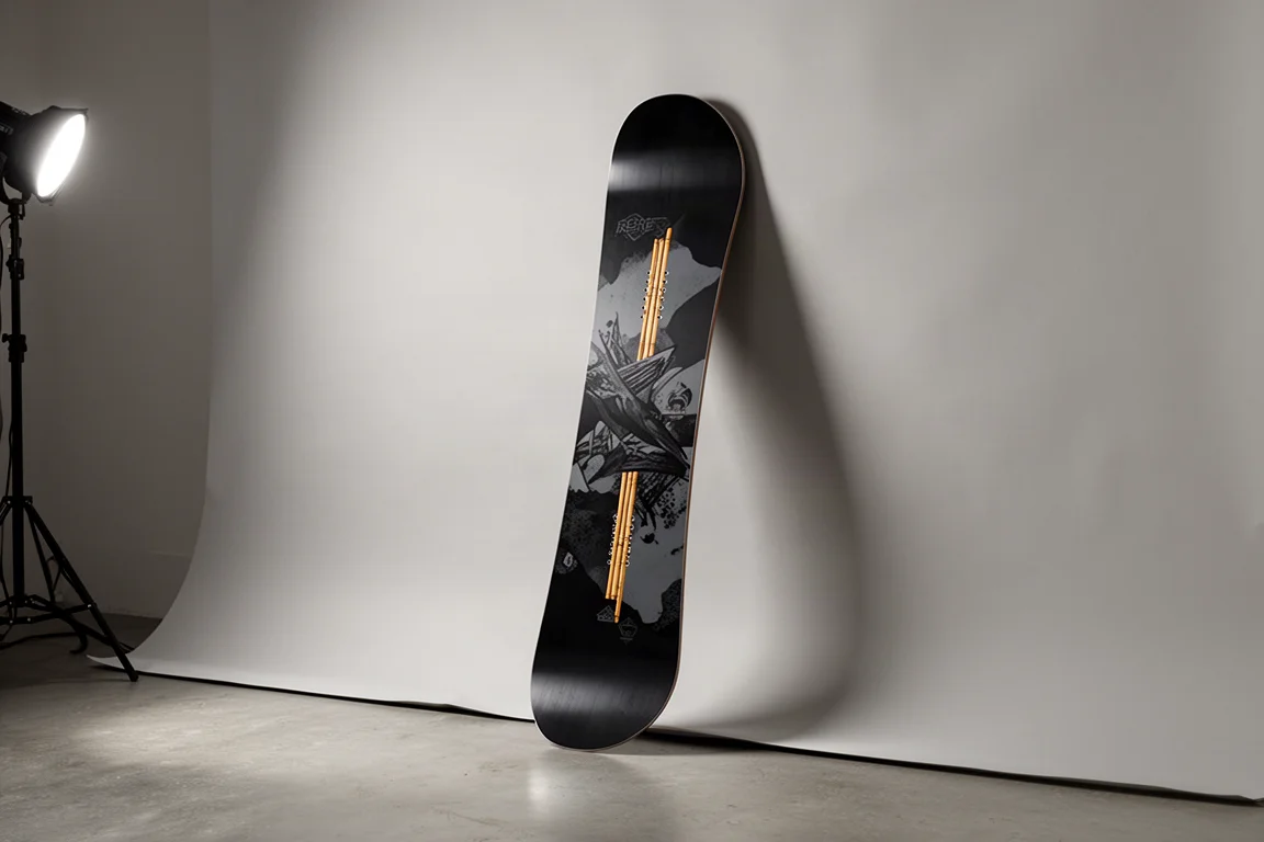 Planche de snowboard all mountain dressée verticalement sur fond gris neutre